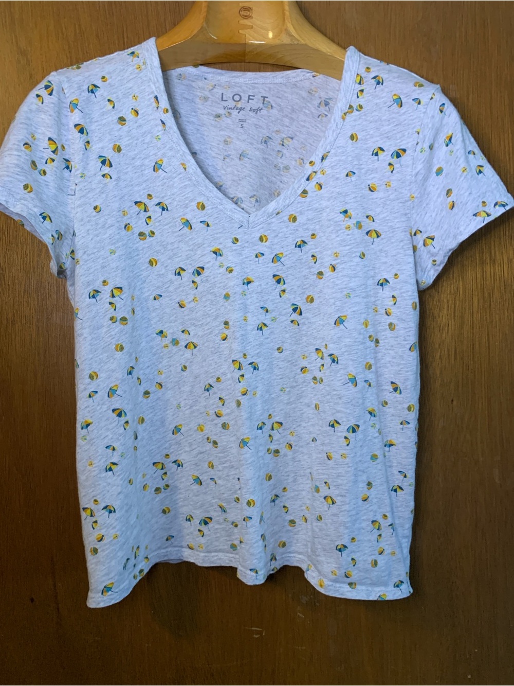 LOFT Light Gray V-Neck Tee with Yellow Lemon Print